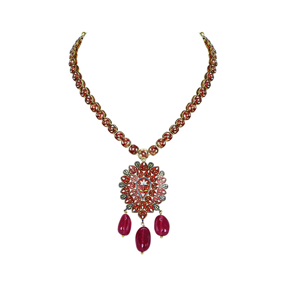 Polki Diamond Necklace with Floral Pendant and Tourmaline Drops